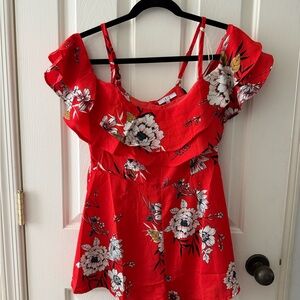 Iris Red Floral Ruffle Blouse
